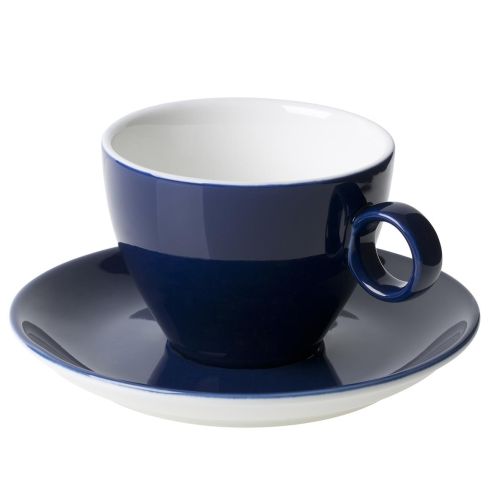 Druck einer blauen Cappuccinotasse mit Untertasse Bart